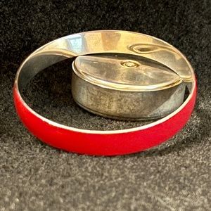 Vintage Red Enamel Bangle Silver Tone